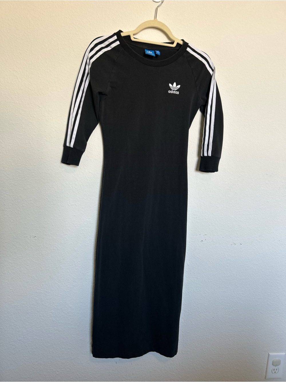 adidas Black 3/4 Sleeve Three-Stripe Midi Dress